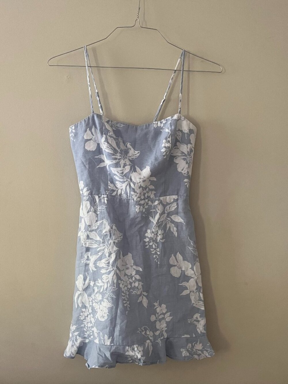 Reformation Blue and White Floral Linen Mini Dress, Size 2